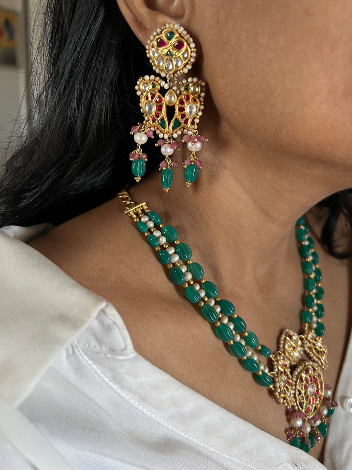Elegant 925 Silver Jadau Kundan Necklace Set