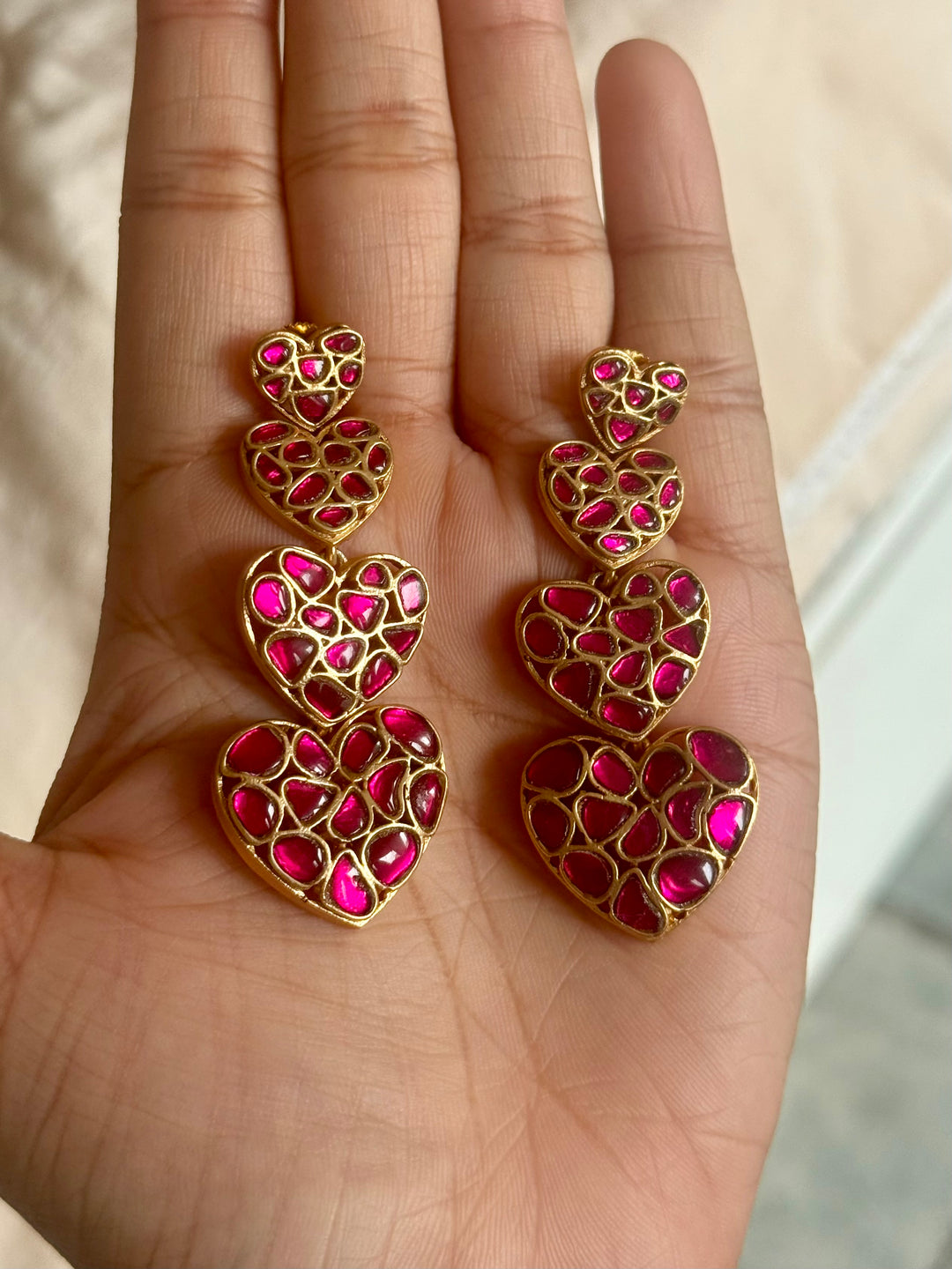 Handmade Jadau Heart Earrings | Gold Polish | SHIVKA