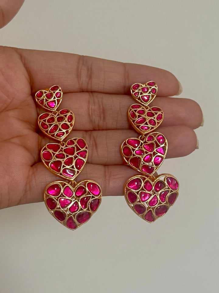 Handcrafted Ruby Pink Jadau Heart Drop Earrings