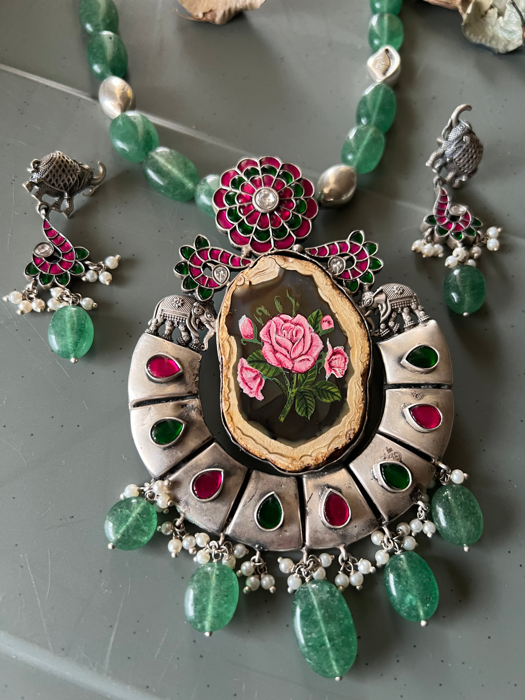 Handmade Hand-Painted 925 Silver Pendant Necklace Set from SHIVKA