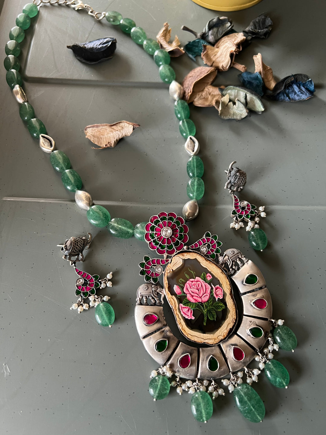 Handmade Hand-Painted 925 Silver Pendant Necklace Set from SHIVKA