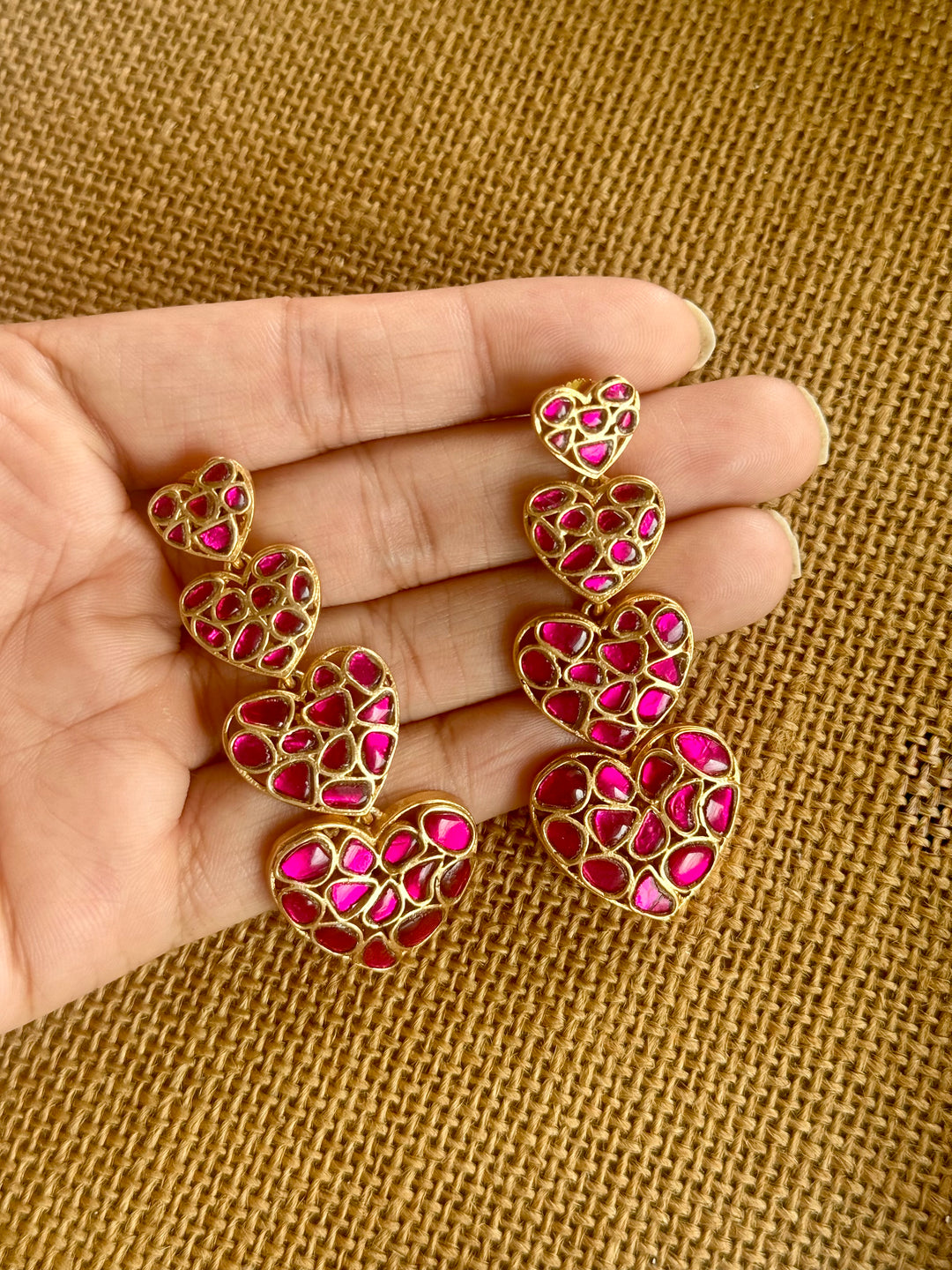 Handmade Jadau Heart Earrings | Gold Polish | SHIVKA