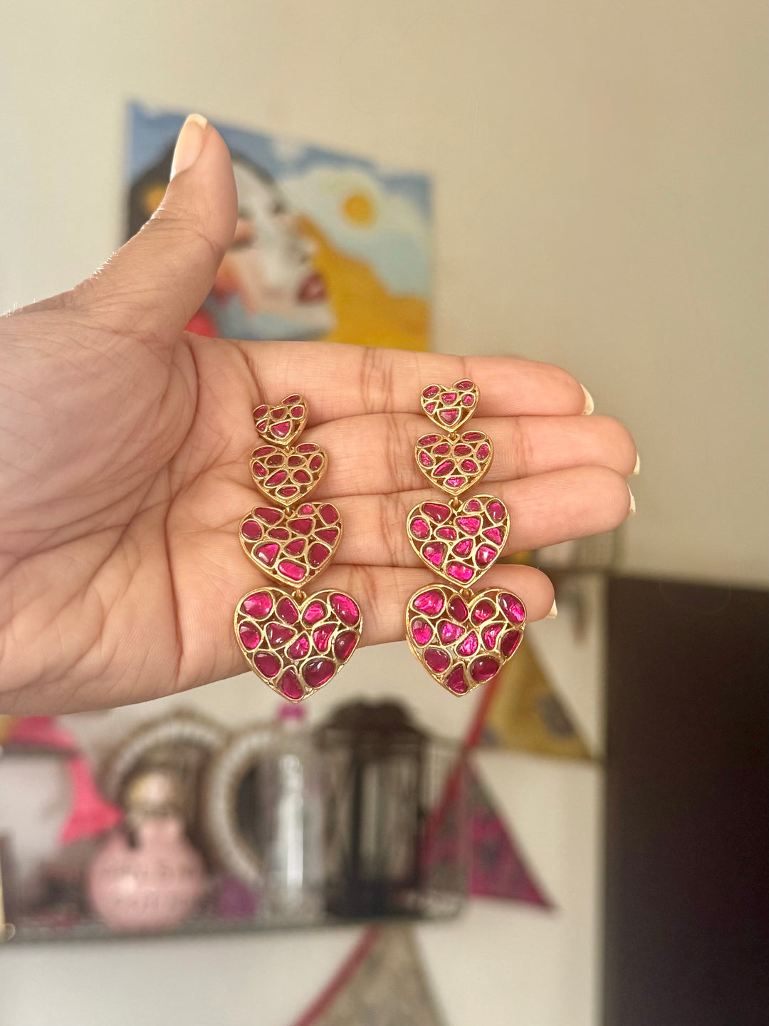 Handmade Jadau Heart Earrings | Gold Polish | SHIVKA