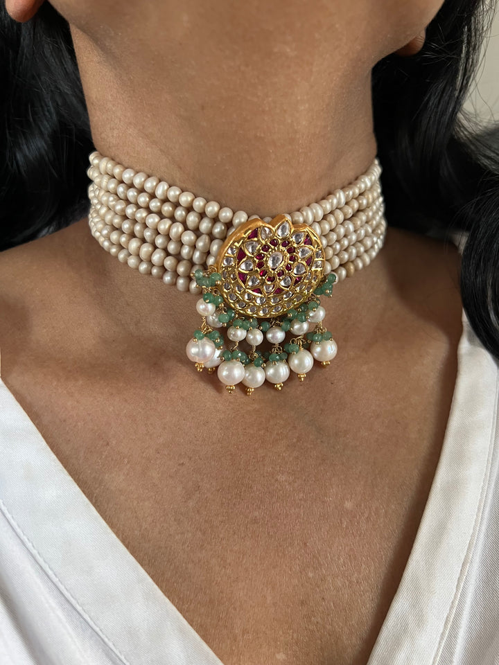 Elegant 925 Silver Jadau Kundan Choker Necklace Set