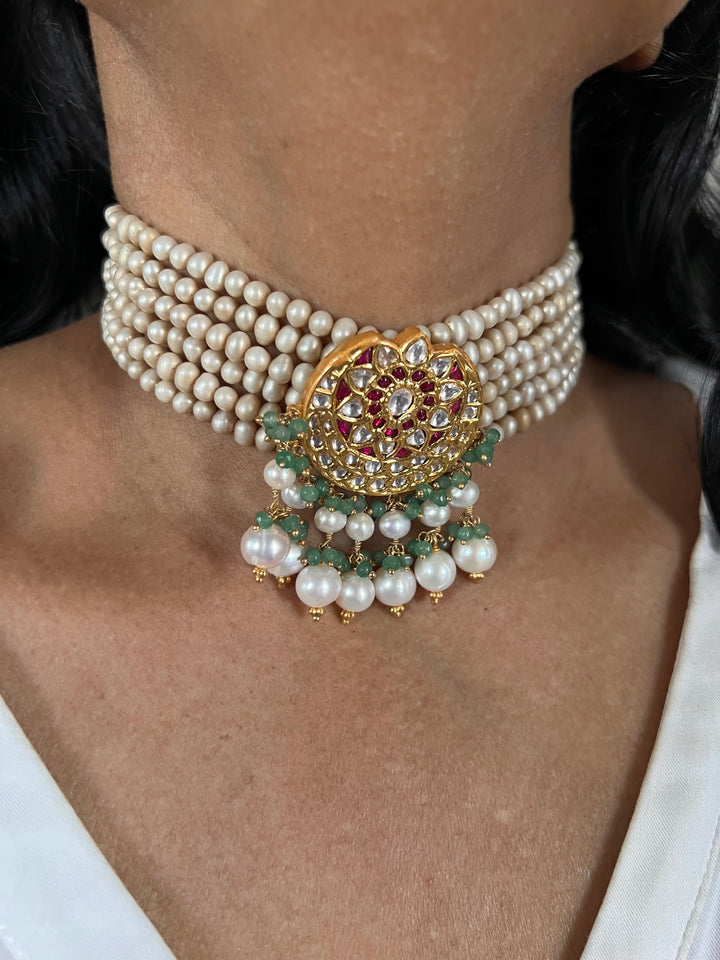 Elegant 925 Silver Jadau Kundan Choker Necklace Set