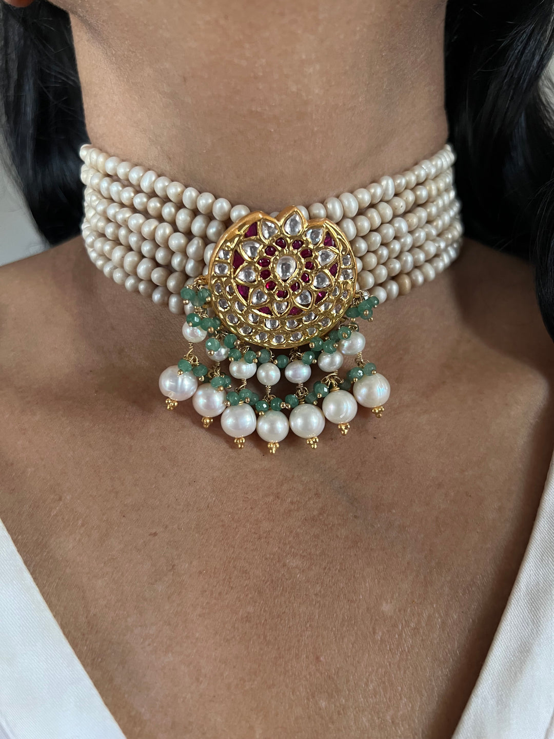 Elegant 925 Silver Jadau Kundan Choker Necklace Set