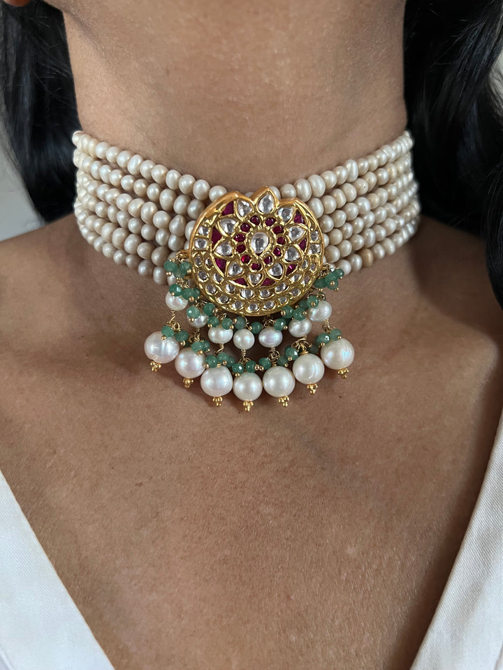 Elegant 925 Silver Jadau Kundan Choker Necklace Set