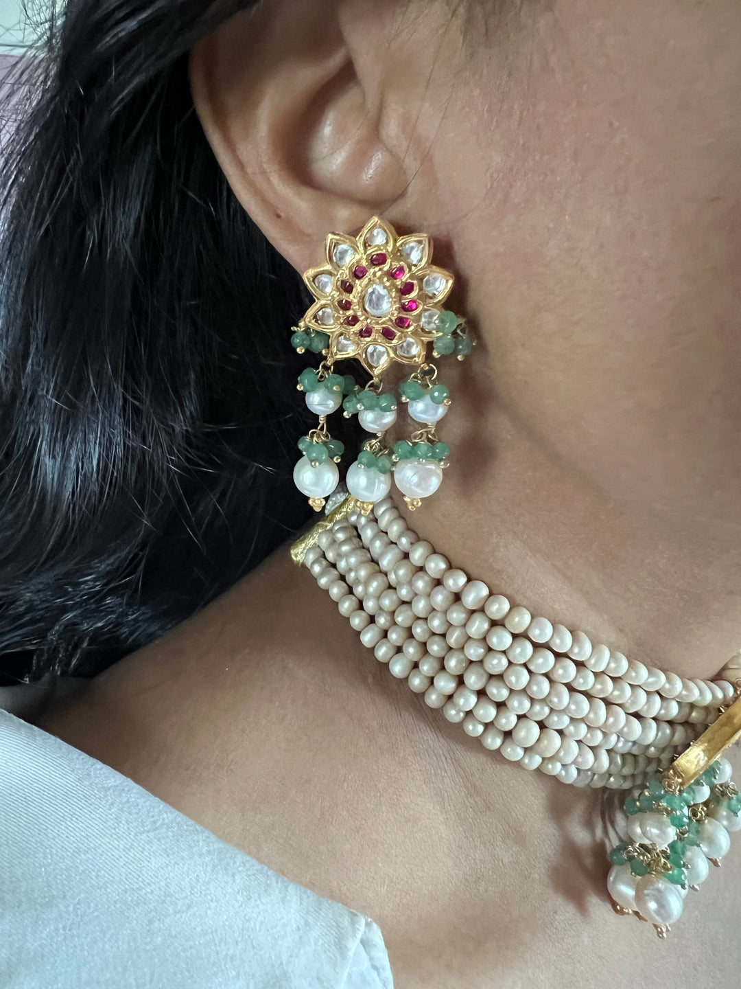 Elegant 925 Silver Jadau Kundan Choker Necklace Set