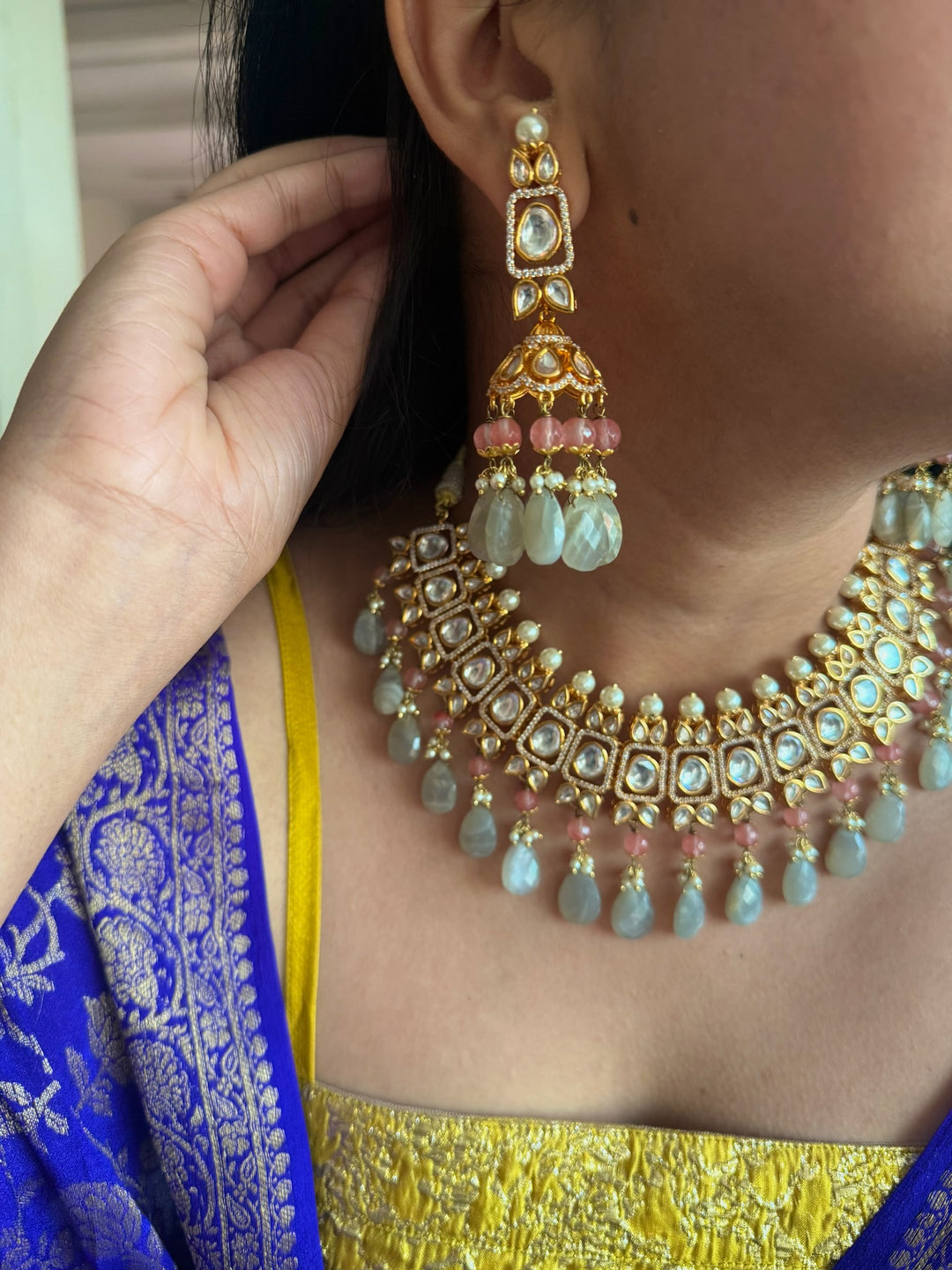 Handmade Natural Gemstone Kundan Collar Necklace Set | SHIVKA