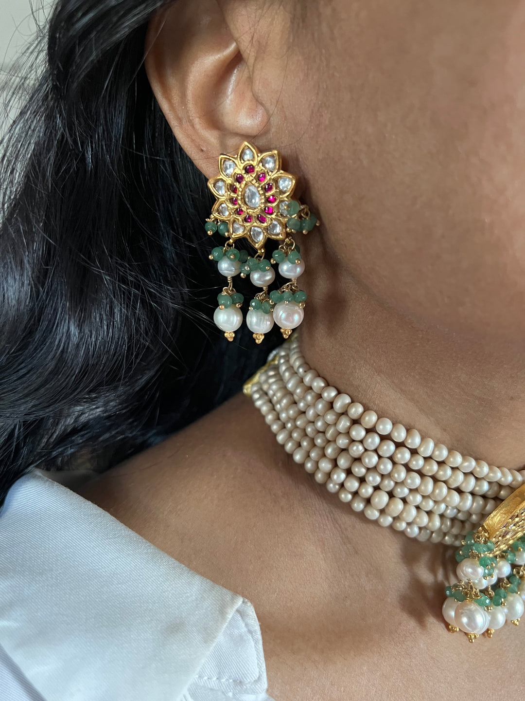 Elegant 925 Silver Jadau Kundan Choker Necklace Set