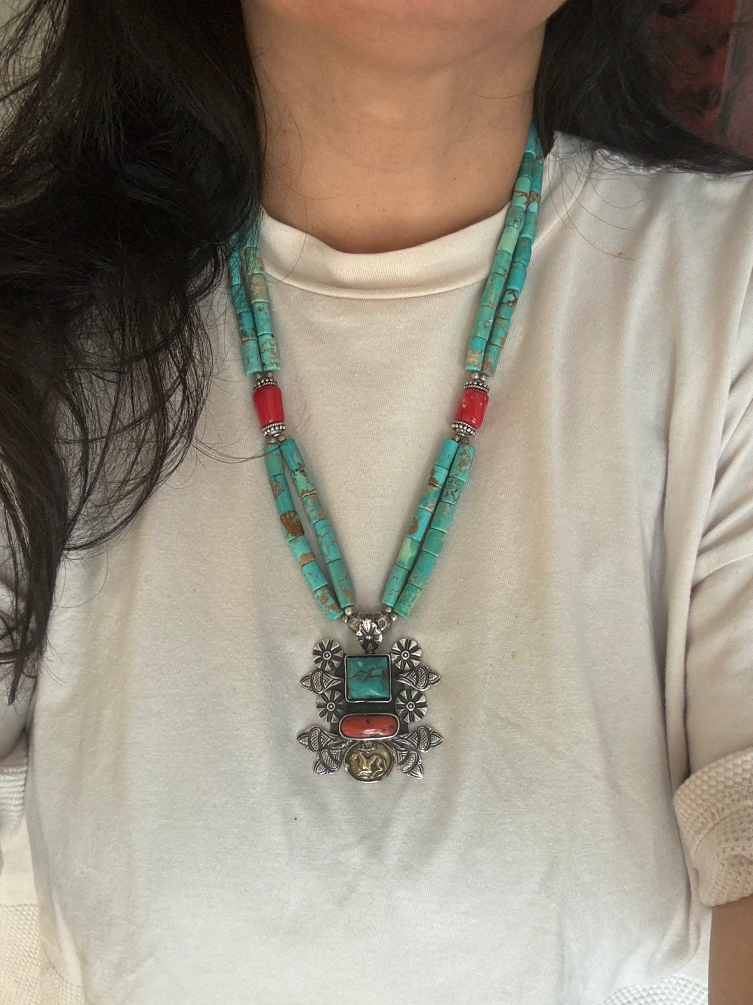 Designer Turquoise and Coral Stone Necklace with 925 Silver Pendant - Premium Quality