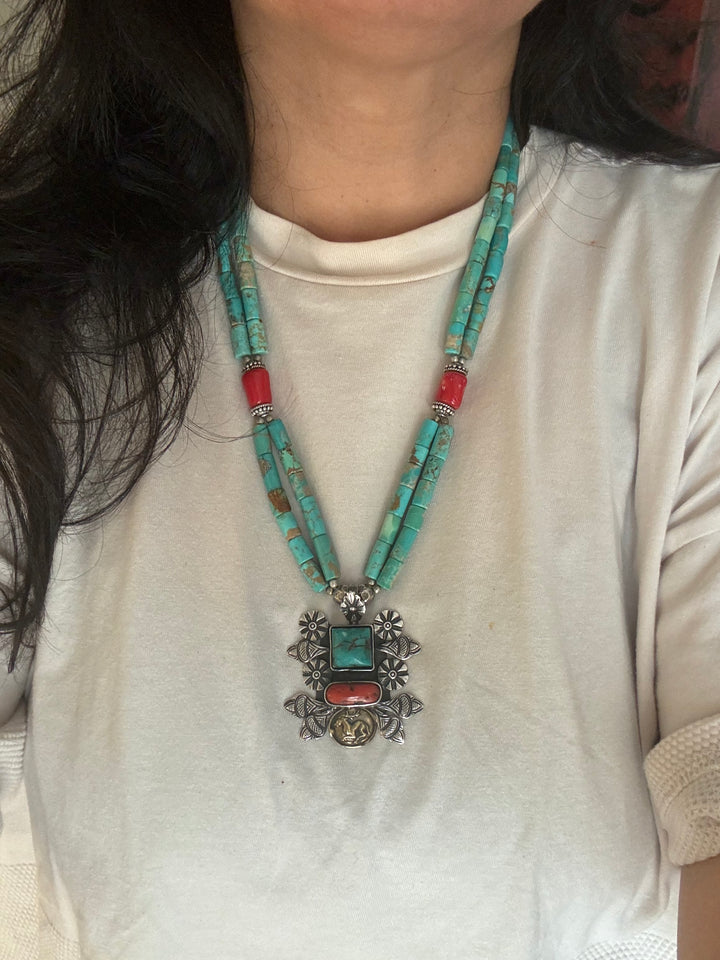 Designer Turquoise and Coral Stone Necklace with 925 Silver Pendant - Premium Quality