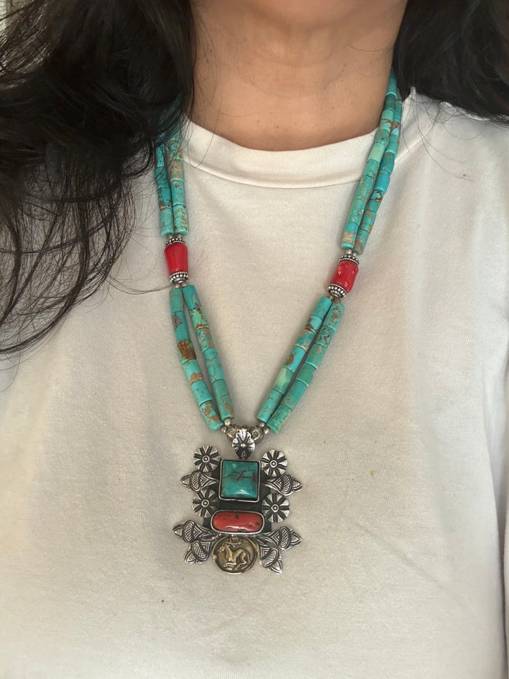 Designer Turquoise and Coral Stone Necklace with 925 Silver Pendant - Premium Quality