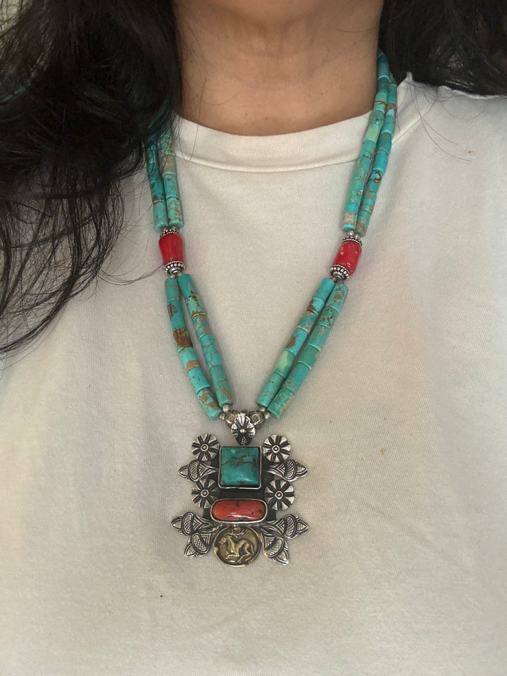Designer Turquoise and Coral Stone Necklace with 925 Silver Pendant - Premium Quality