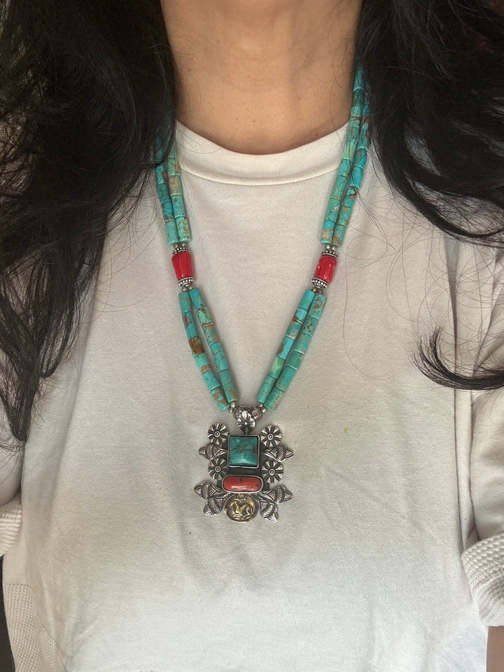 Designer Turquoise and Coral Stone Necklace with 925 Silver Pendant - Premium Quality