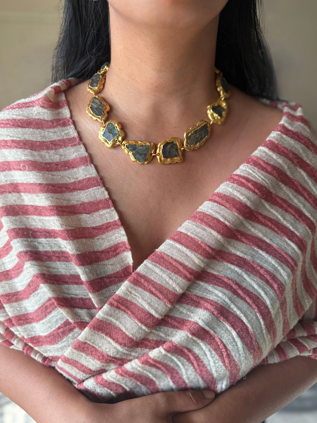 Handmade Raw Labradorite Gold Embedded Necklace | Adjustable Lobster Claw Brass Statement Jewelry