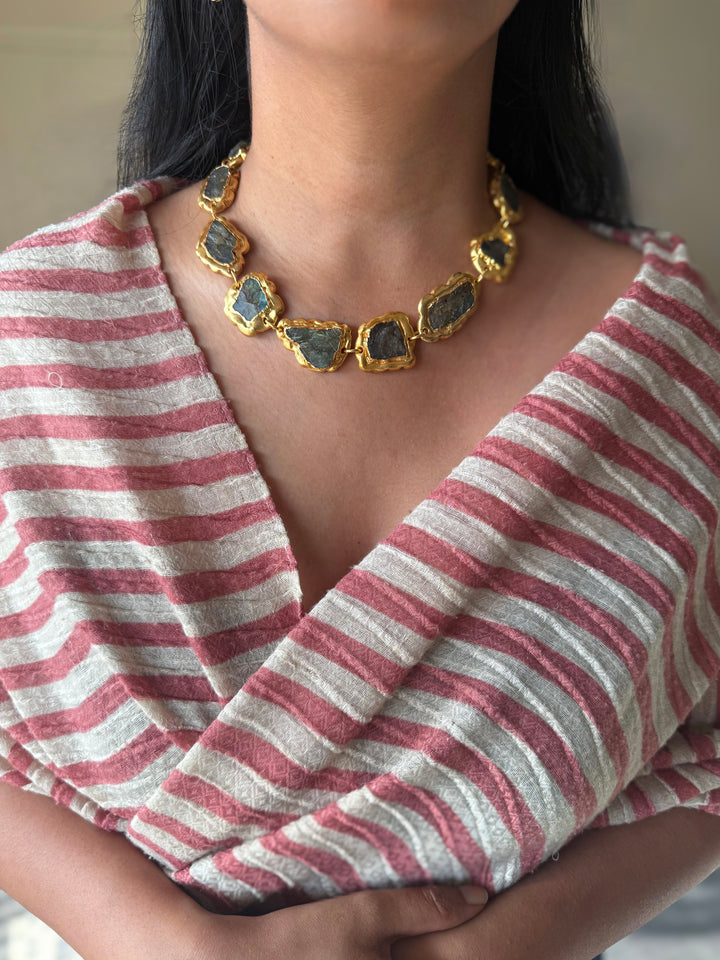 Handmade Raw Labradorite Gold Embedded Necklace | Adjustable Lobster Claw Brass Statement Jewelry