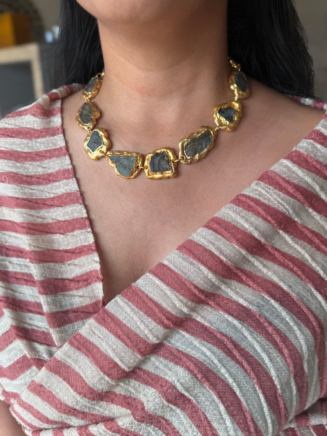 Handmade Raw Labradorite Gold Embedded Necklace | Adjustable Lobster Claw Brass Statement Jewelry