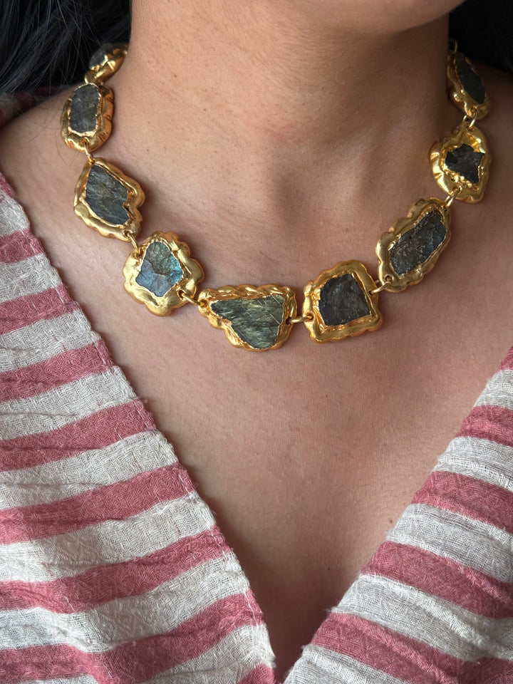 Handmade Raw Labradorite Gold Embedded Necklace | Adjustable Lobster Claw Brass Statement Jewelry