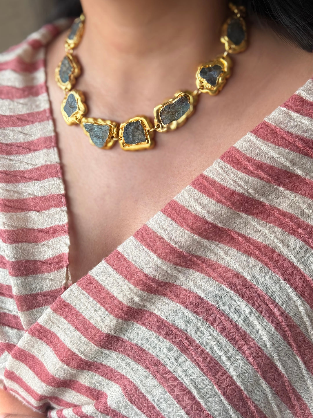 Handmade Raw Labradorite Gold Embedded Necklace | Adjustable Lobster Claw Brass Statement Jewelry