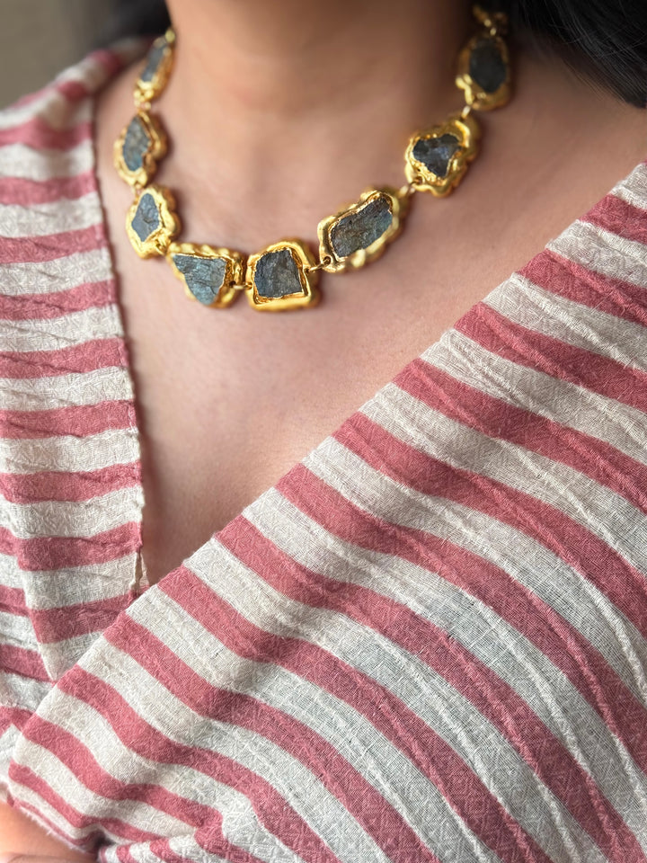 Handmade Raw Labradorite Gold Embedded Necklace | Adjustable Lobster Claw Brass Statement Jewelry