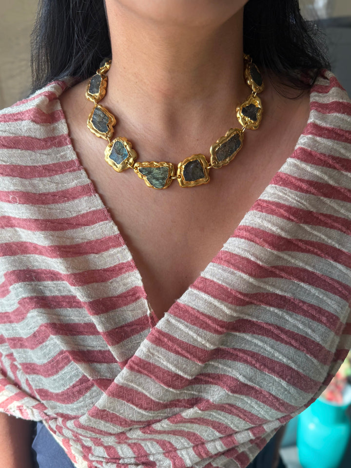 Handmade Raw Labradorite Gold Embedded Necklace | Adjustable Lobster Claw Brass Statement Jewelry
