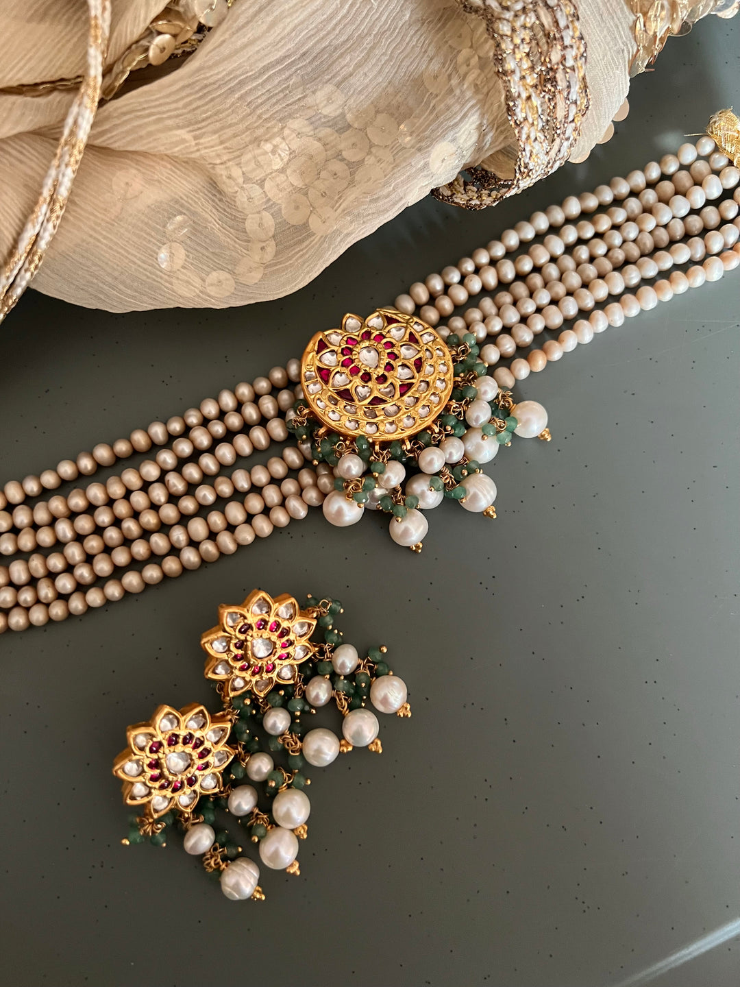 Elegant 925 Silver Jadau Kundan Choker Necklace Set