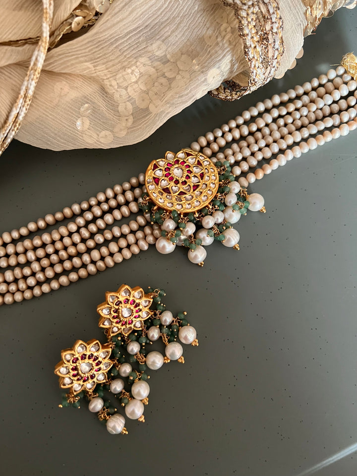 Elegant 925 Silver Jadau Kundan Choker Necklace Set