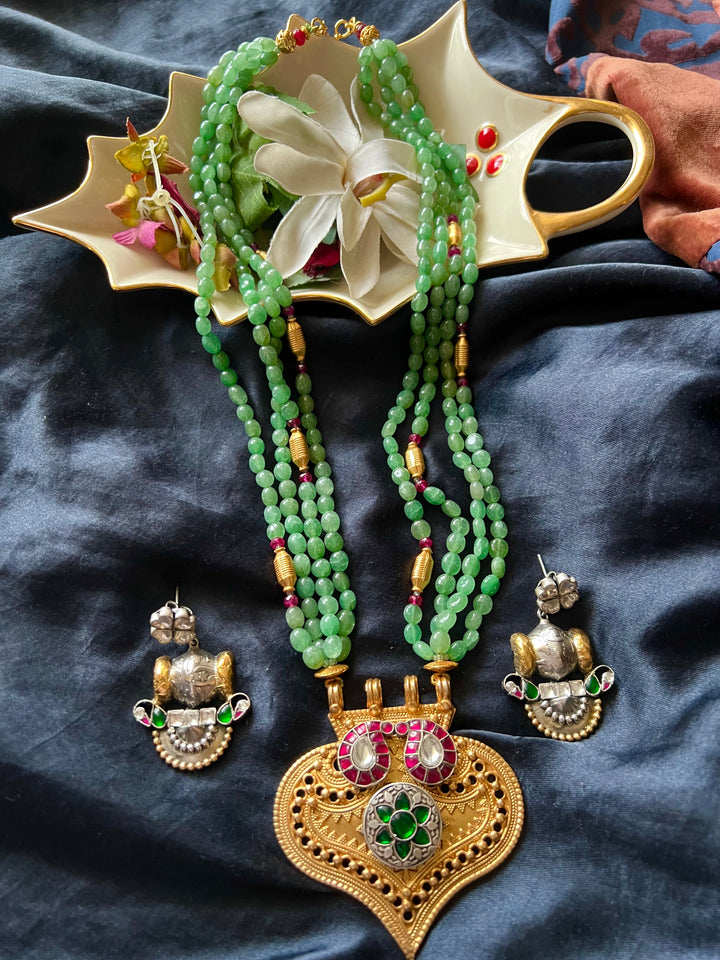 Russian Green Aventurine Quartz Pure 925 Silver Pendant Necklace Set