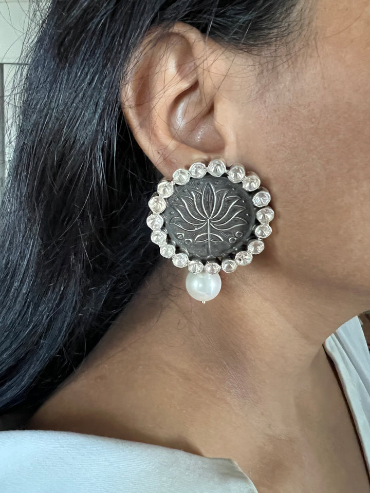 Statement Pearl 925 Silver Earrings with Natural Pearls & Kundan Work - Handmade, One of a Kind