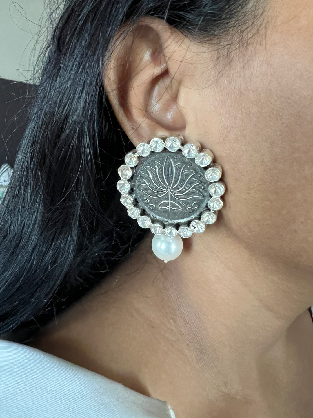 Statement Pearl 925 Silver Earrings with Natural Pearls & Kundan Work - Handmade, One of a Kind