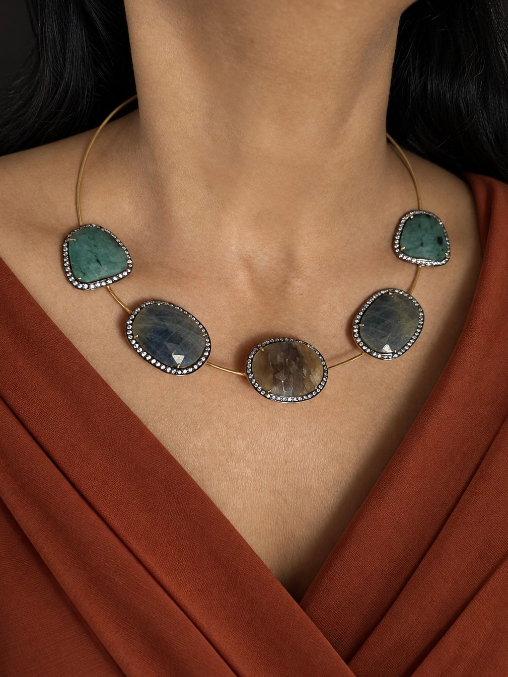 Antique Gold Multi-Sapphire 925 Silver Necklace Set