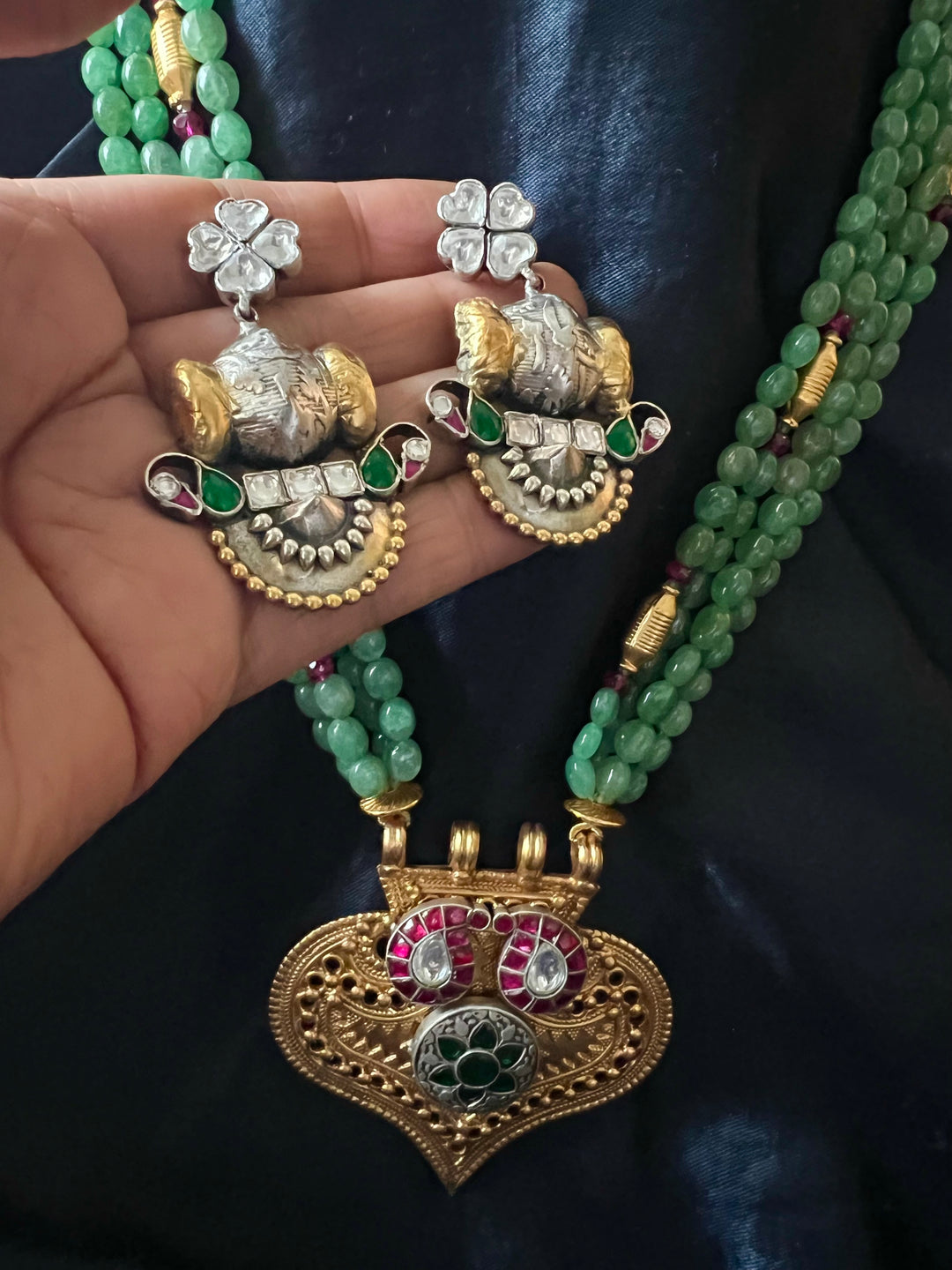 Russian Green Aventurine Quartz Pure 925 Silver Pendant Necklace Set