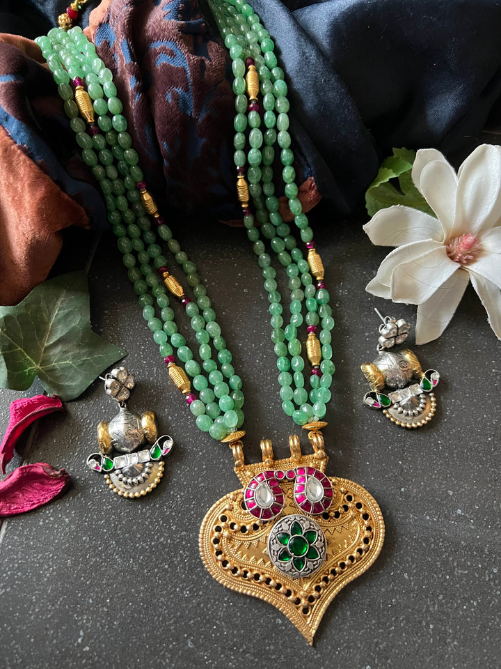 Russian Green Aventurine Quartz Pure 925 Silver Pendant Necklace Set