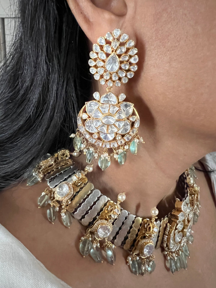 Kundan Polki 925 Silver Choker Necklace Set