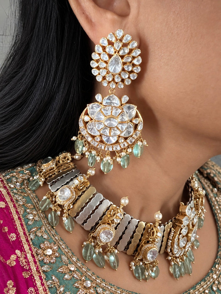 Kundan Polki 925 Silver Choker Set with Pastel Drops