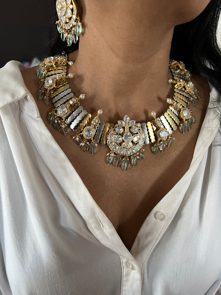 Kundan Polki 925 Silver Choker Necklace Set