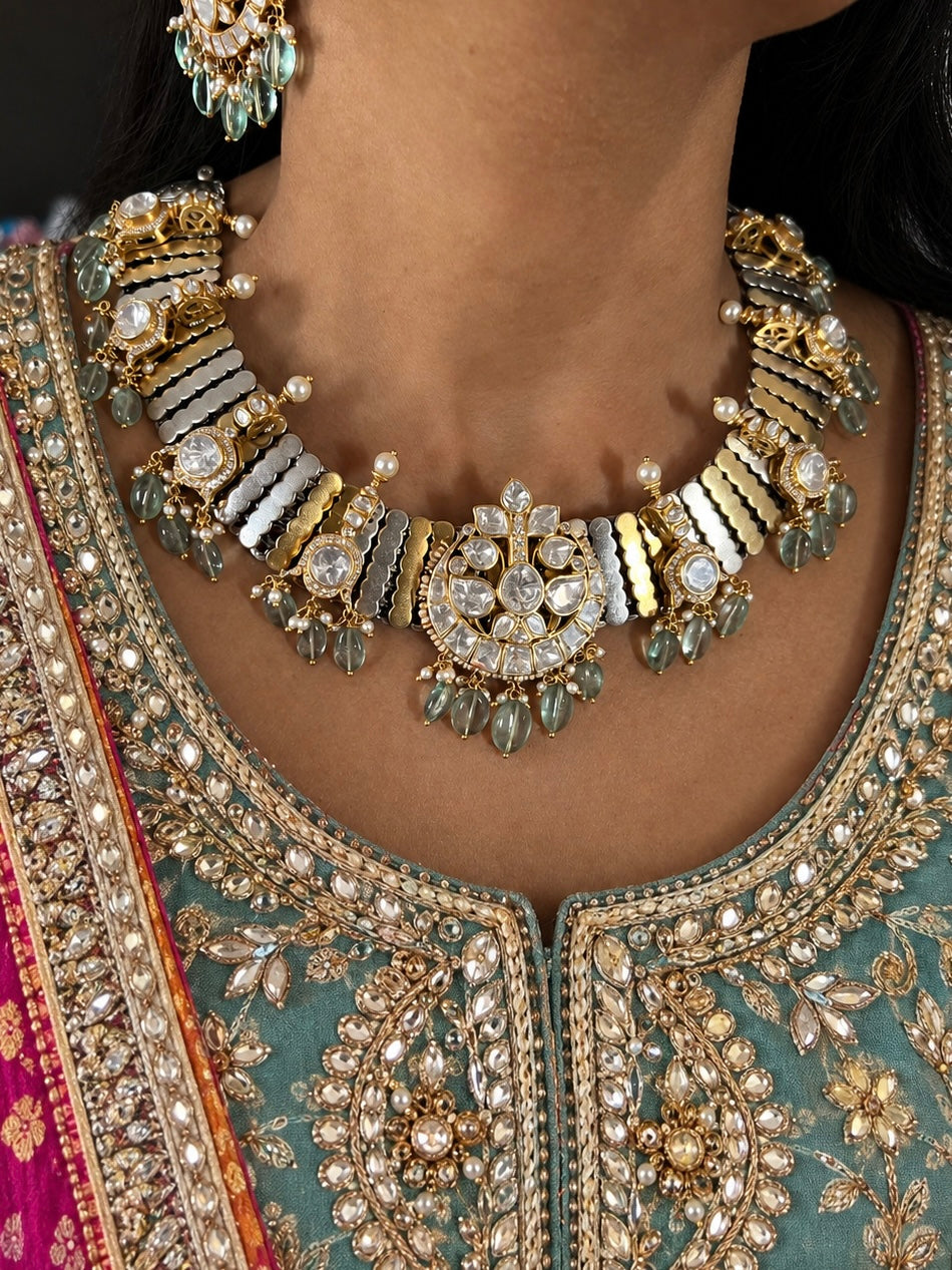 Kundan Polki 925 Silver Choker Set with Pastel Drops