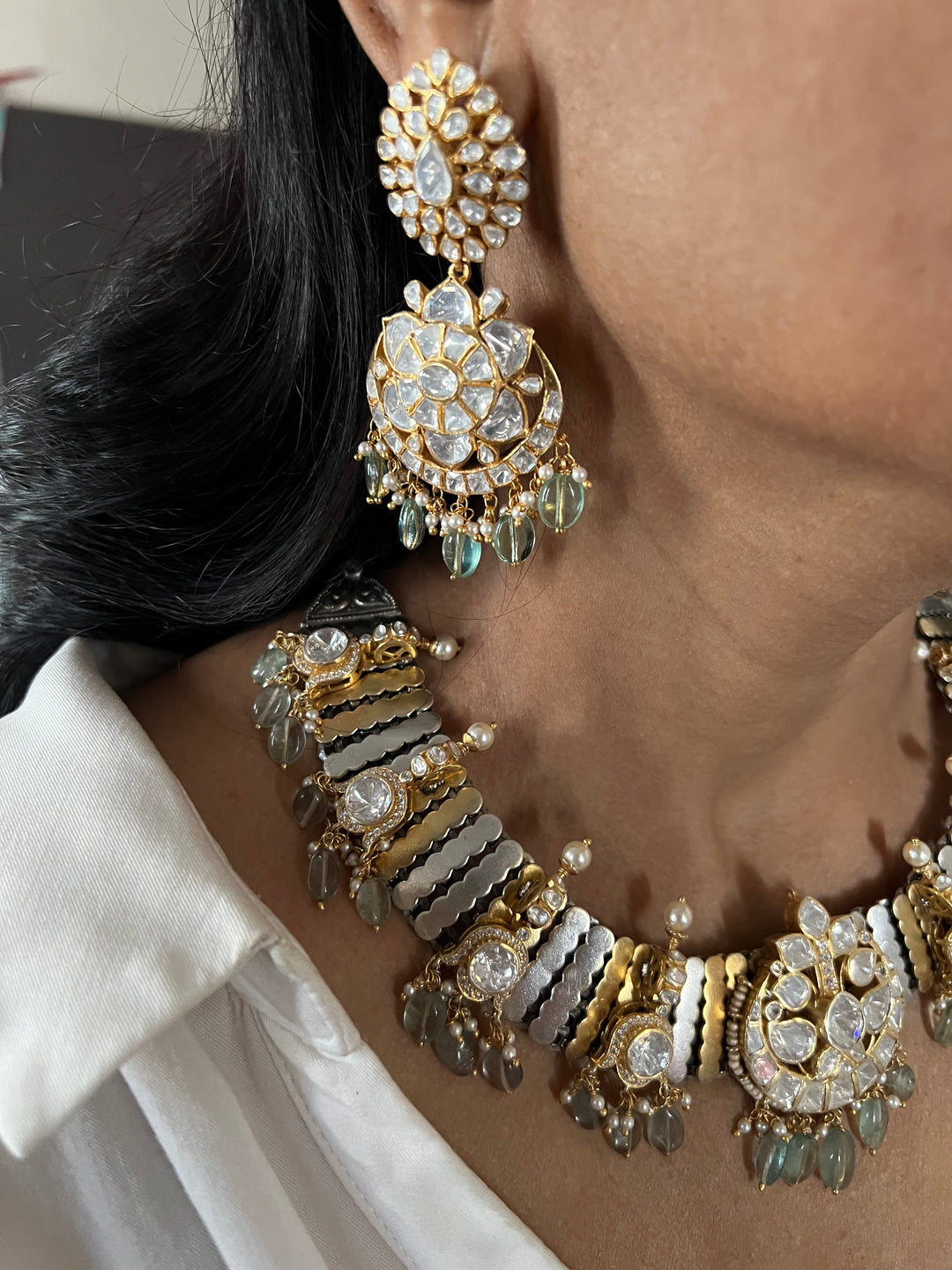 Kundan Polki 925 Silver Choker Necklace Set