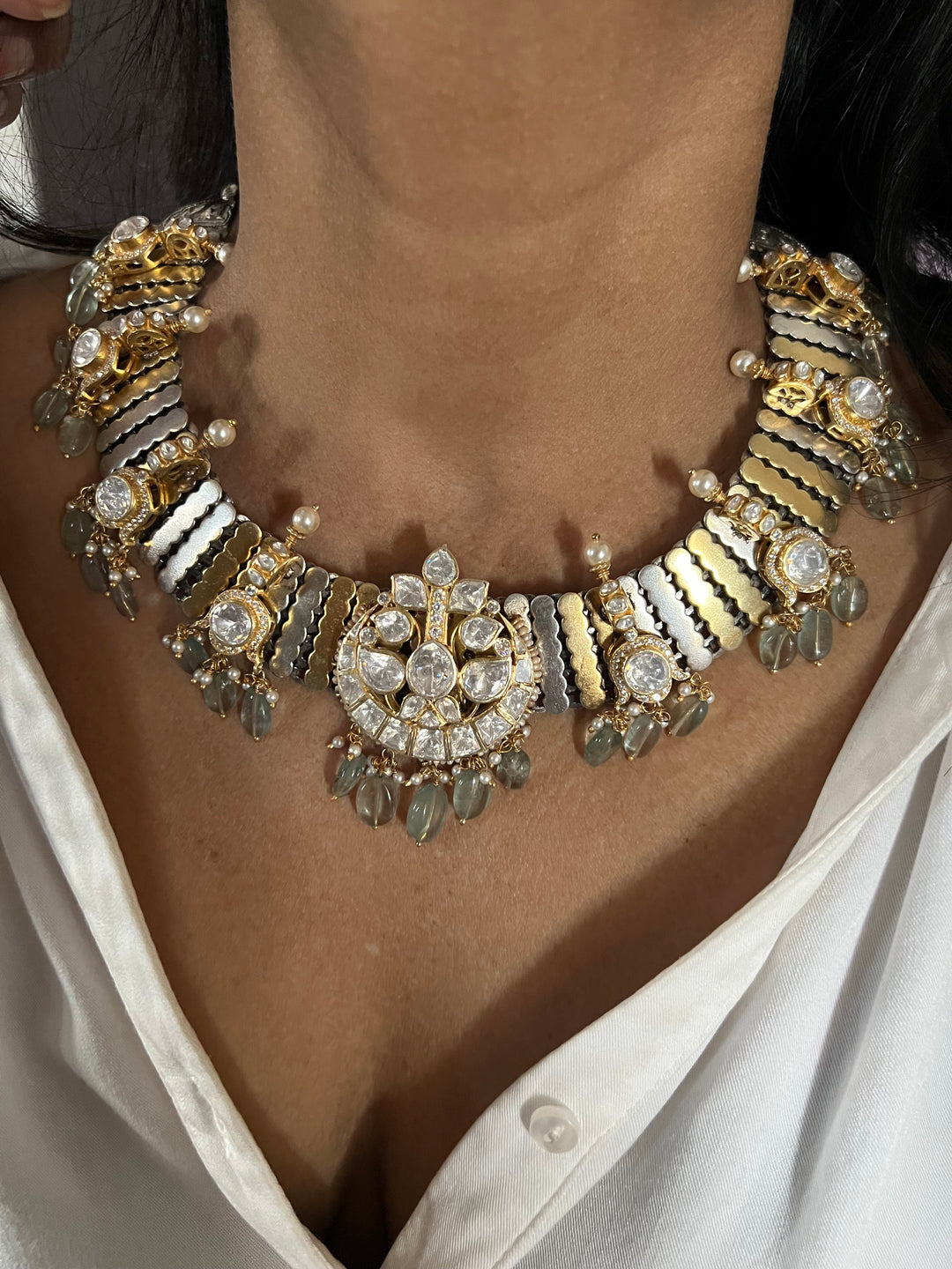 Kundan Polki 925 Silver Choker Necklace Set