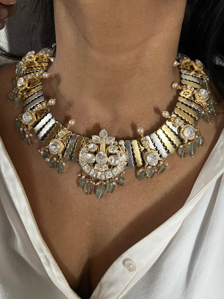 Kundan Polki 925 Silver Choker Necklace Set