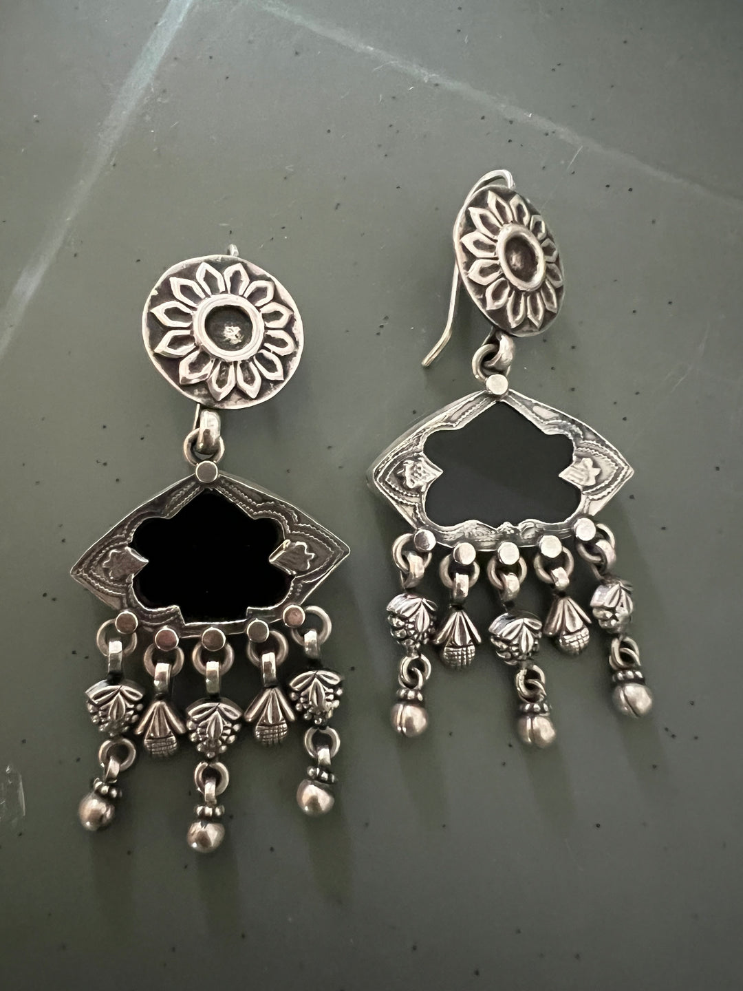 Black Glass 925 Silver Earrings | SHIVKA | Hallmarked | 6.5x3 cm | 16g Pair | Ear Wire Closure | Elegant Gift Jewelry