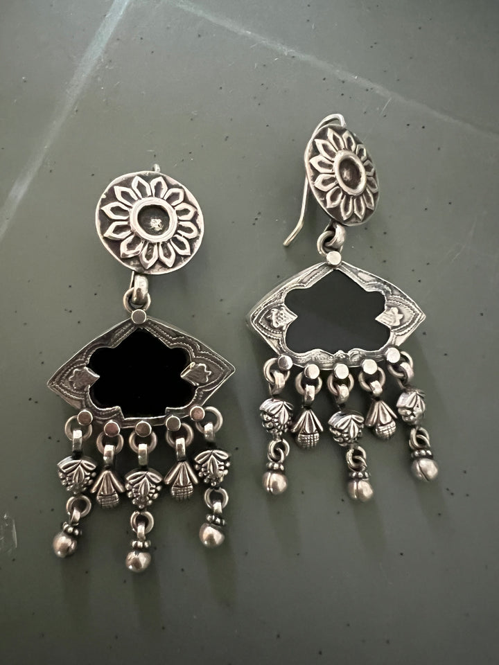 Black Glass 925 Silver Earrings | SHIVKA | Hallmarked | 6.5x3 cm | 16g Pair | Ear Wire Closure | Elegant Gift Jewelry