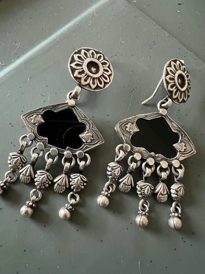 Black Glass 925 Silver Earrings | SHIVKA | Hallmarked | 6.5x3 cm | 16g Pair | Ear Wire Closure | Elegant Gift Jewelry