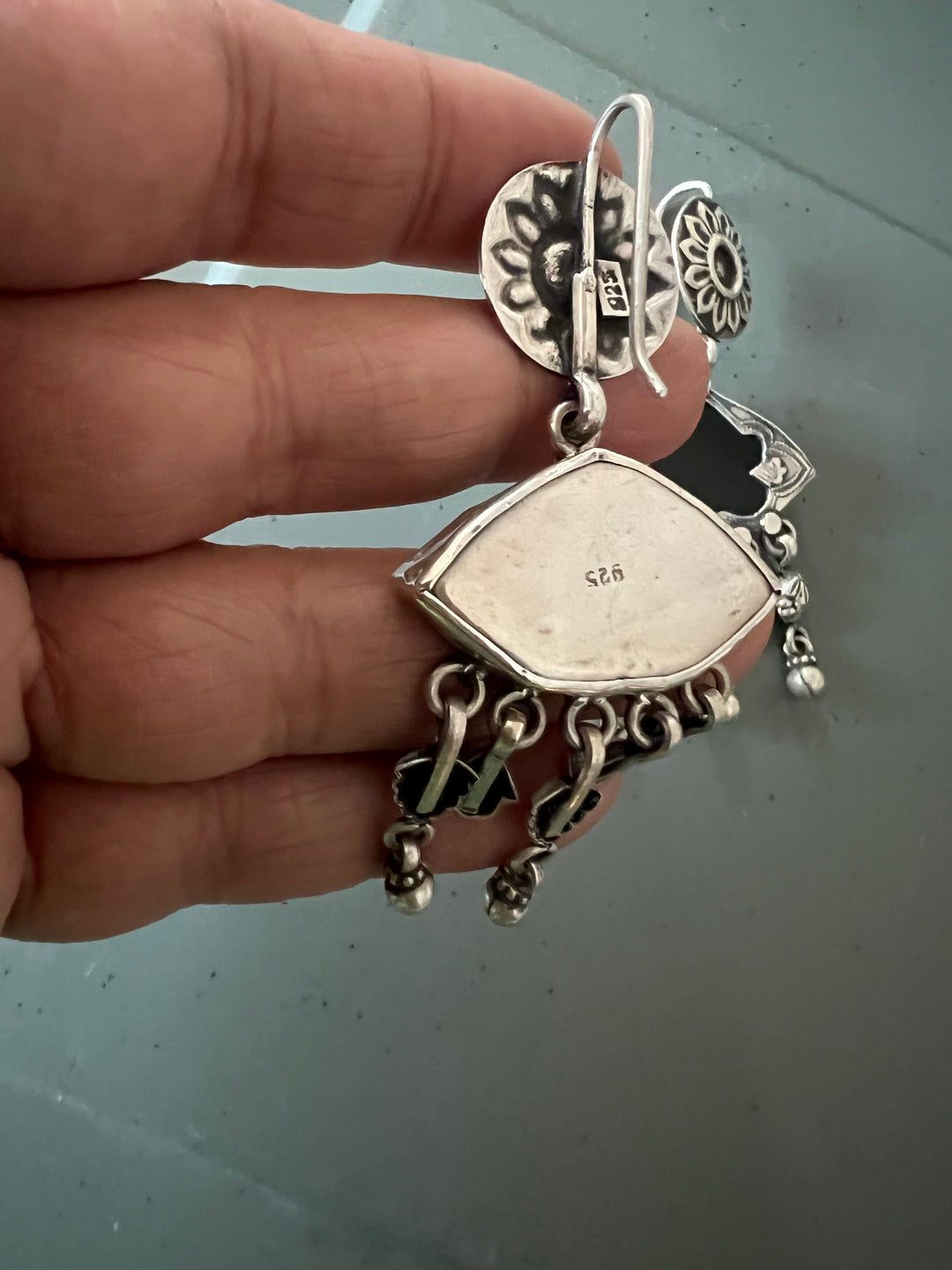 Black Glass 925 Silver Earrings | SHIVKA | Hallmarked | 6.5x3 cm | 16g Pair | Ear Wire Closure | Elegant Gift Jewelry