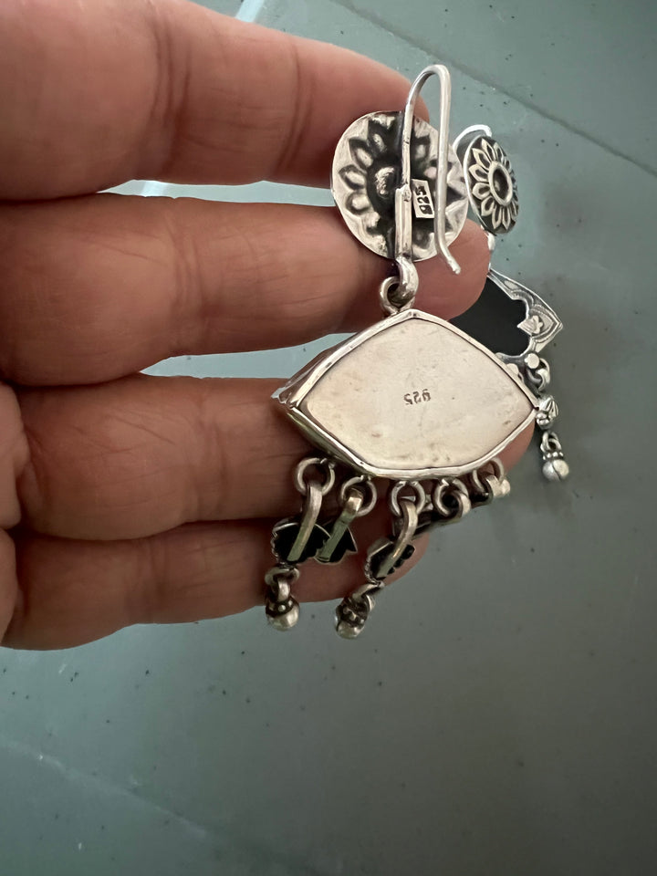 Black Glass 925 Silver Earrings | SHIVKA | Hallmarked | 6.5x3 cm | 16g Pair | Ear Wire Closure | Elegant Gift Jewelry