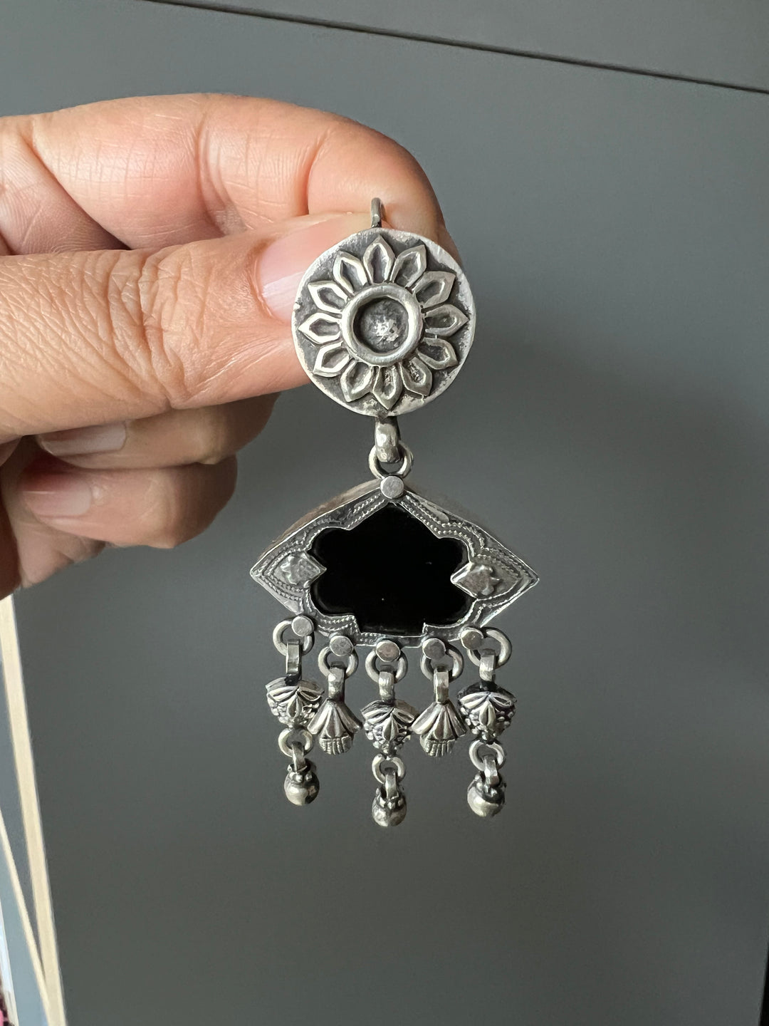 Black Glass 925 Silver Earrings | SHIVKA | Hallmarked | 6.5x3 cm | 16g Pair | Ear Wire Closure | Elegant Gift Jewelry