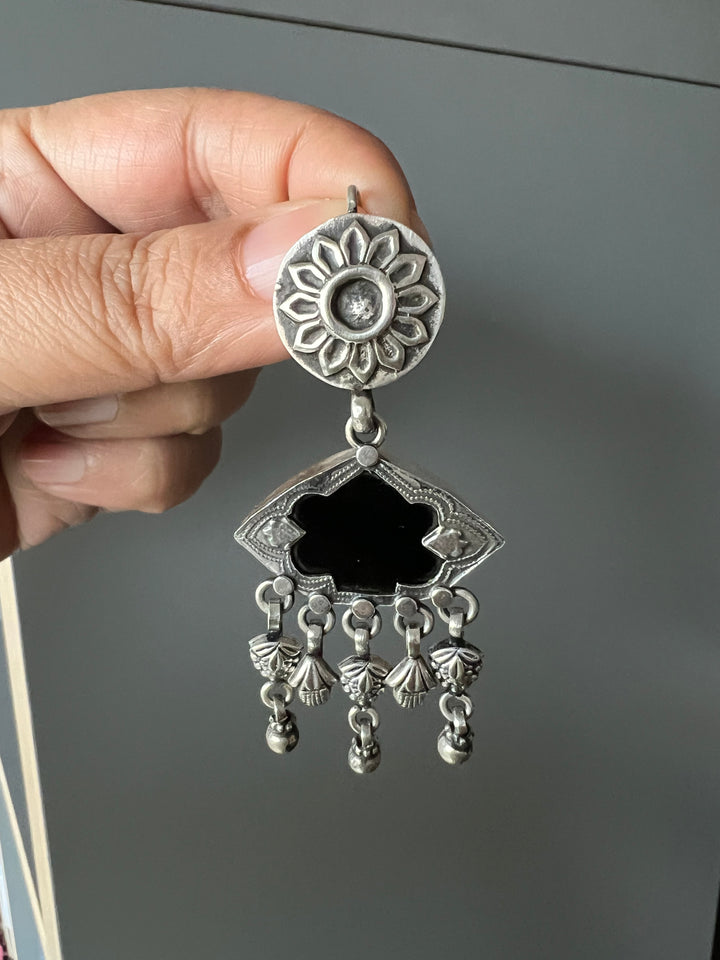 Black Glass 925 Silver Earrings | SHIVKA | Hallmarked | 6.5x3 cm | 16g Pair | Ear Wire Closure | Elegant Gift Jewelry