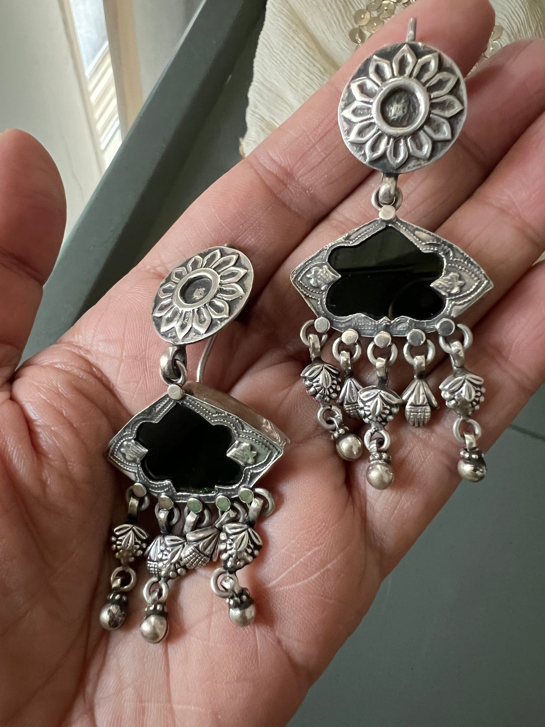 Black Glass 925 Silver Earrings | SHIVKA | Hallmarked | 6.5x3 cm | 16g Pair | Ear Wire Closure | Elegant Gift Jewelry
