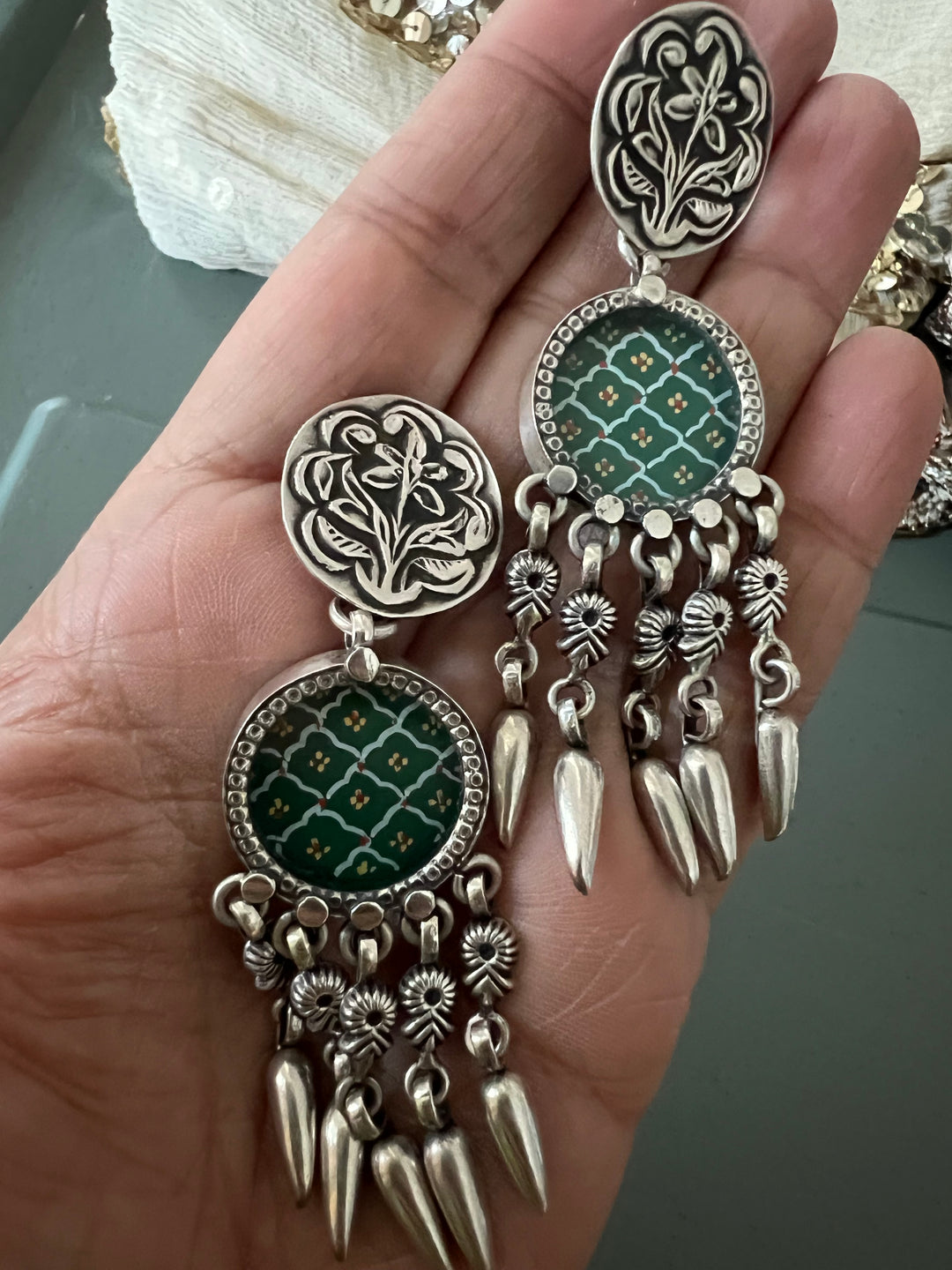 Hand Painted Glass 925 Silver Earrings | SHIVKA